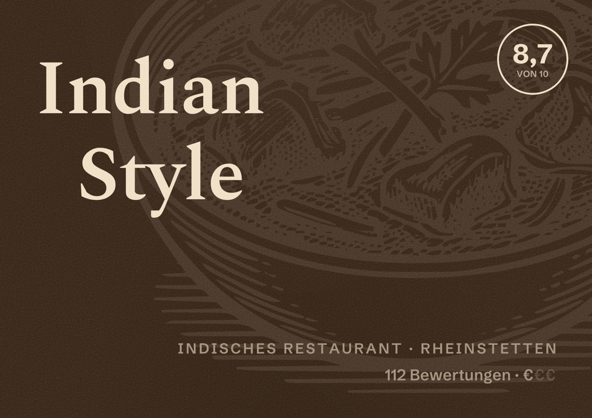 Illustriertes Poster von Indian Style, Indisches Restaurant in Rheinstetten: Bewertung 8,7 von 10 aus 112 Bewertungen, Preisniveau €