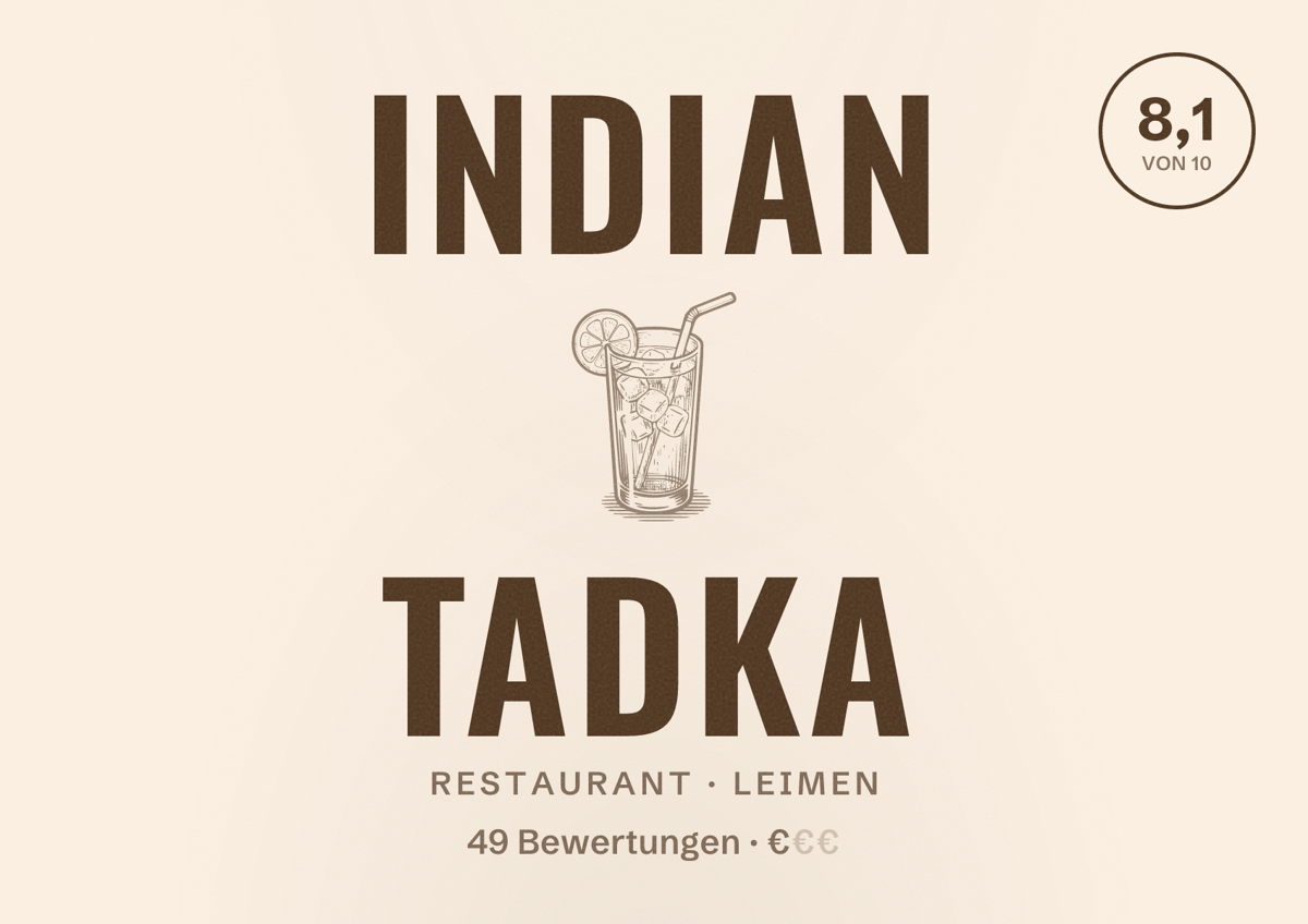 Illustriertes Poster von Indian Tadka, Restaurant in Leimen: Bewertung 8,1 von 10 aus 49 Bewertungen, Preisniveau €