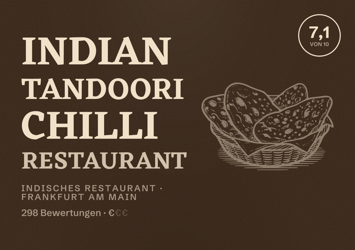 Illustriertes Poster von Indian Tandoori Chilli Restaurant, Indisches Restaurant in Frankfurt am Main: Bewertung 7,1 von 10 aus 298 Bewertungen, Preisniveau €