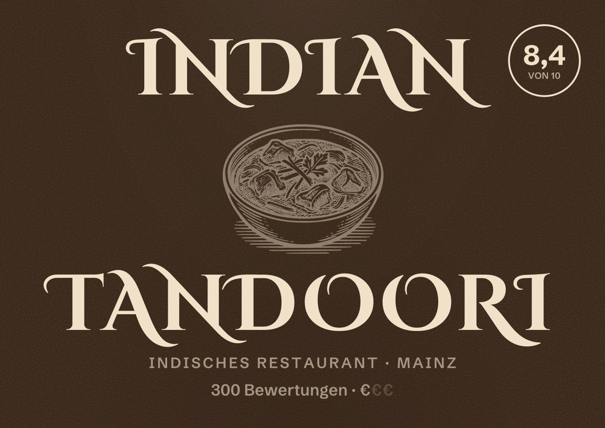 Illustriertes Poster von Indian Tandoori, Indisches Restaurant in Mainz: Bewertung 8,4 von 10 aus 300 Bewertungen, Preisniveau €