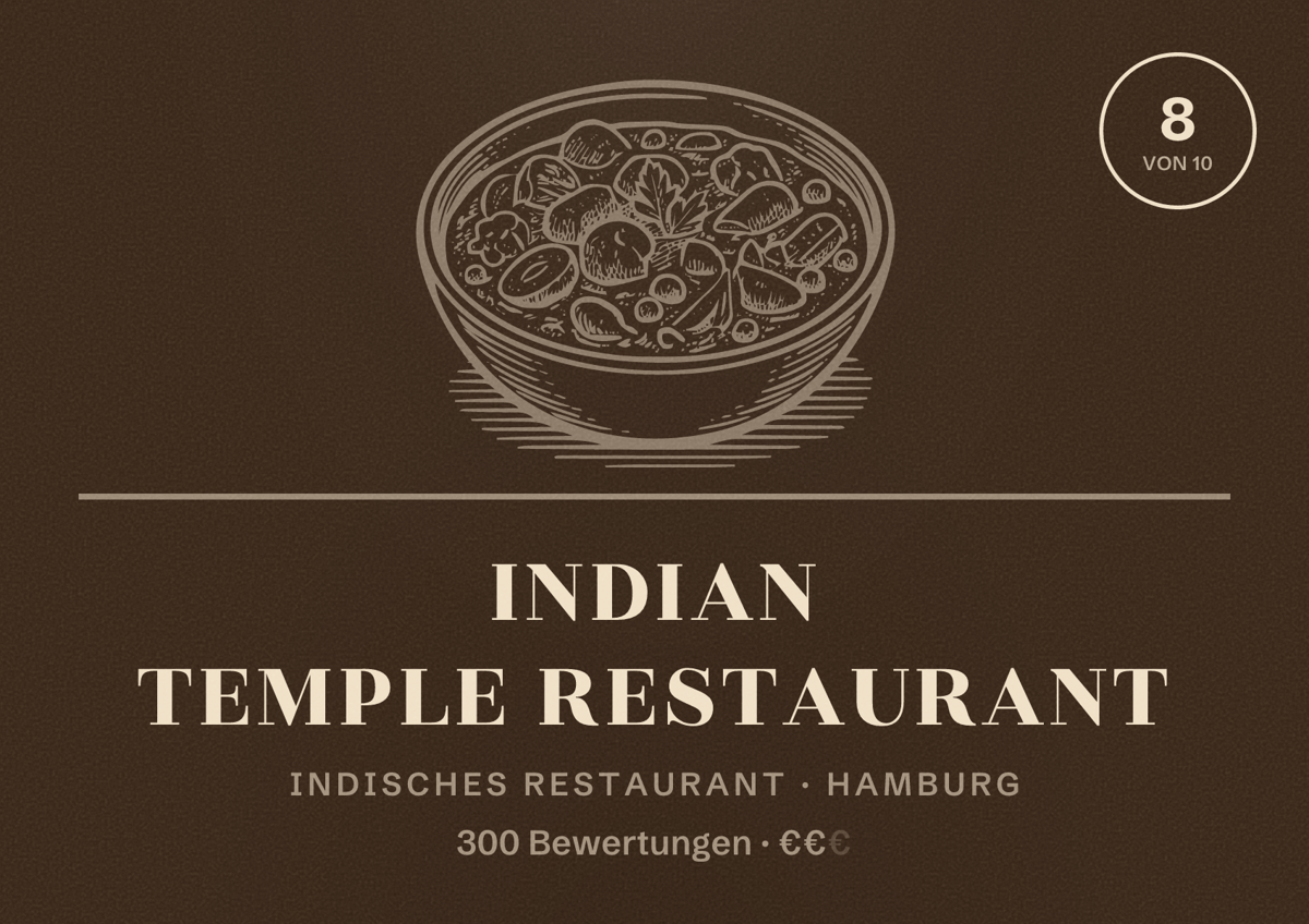 Illustriertes Poster von Indian Temple Restaurant, Indisches Restaurant in Hamburg: Bewertung 8,0 von 10 aus 300 Bewertungen, Preisniveau €€
