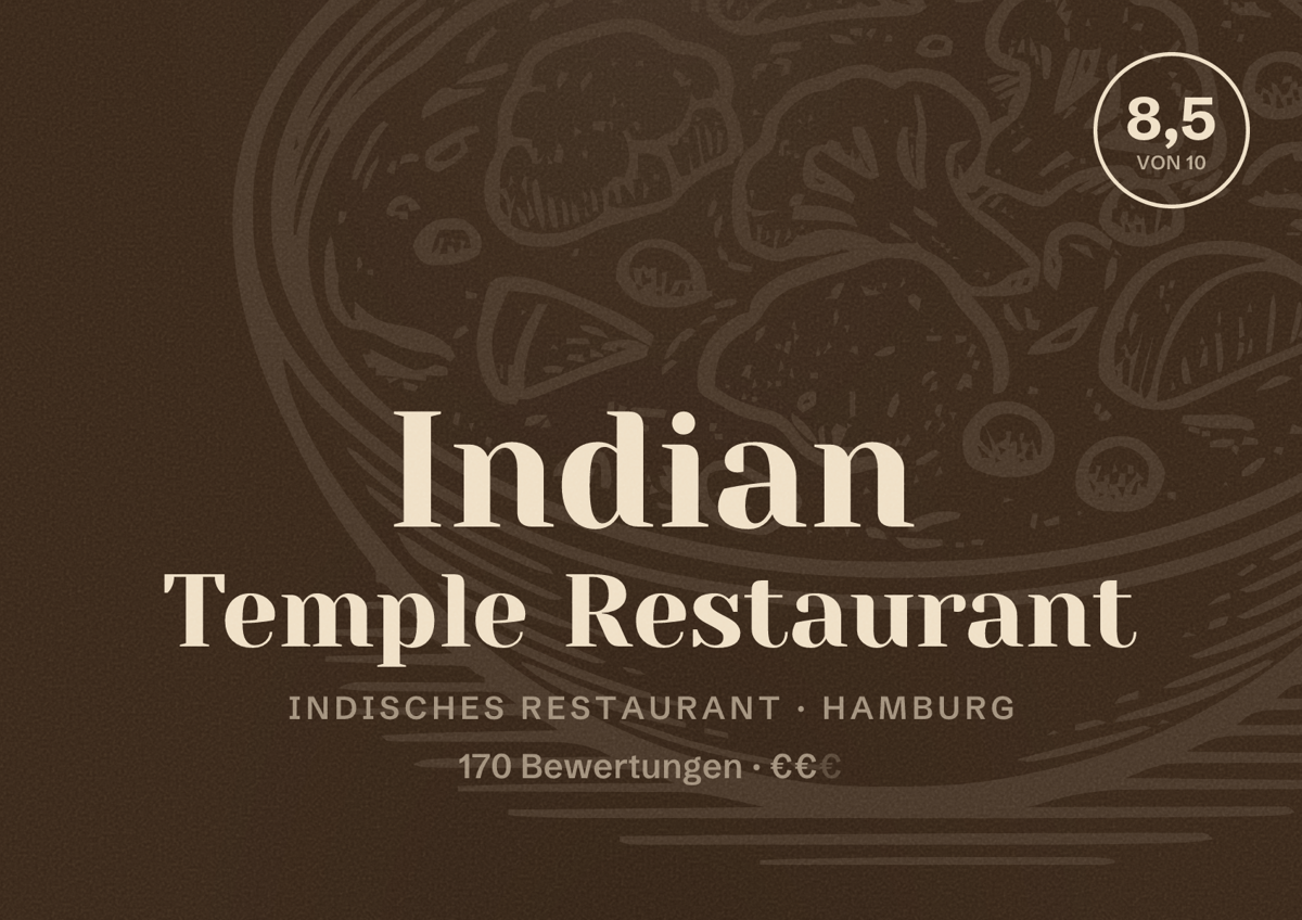 Illustriertes Poster von Indian Temple Restaurant, Indisches Restaurant in Hamburg: Bewertung 8,5 von 10 aus 170 Bewertungen, Preisniveau €€