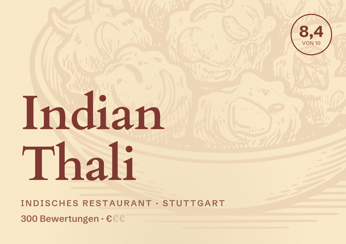 Illustriertes Poster von Indian Thali, Indisches Restaurant in Stuttgart: Bewertung 8,4 von 10 aus 300 Bewertungen, Preisniveau €
