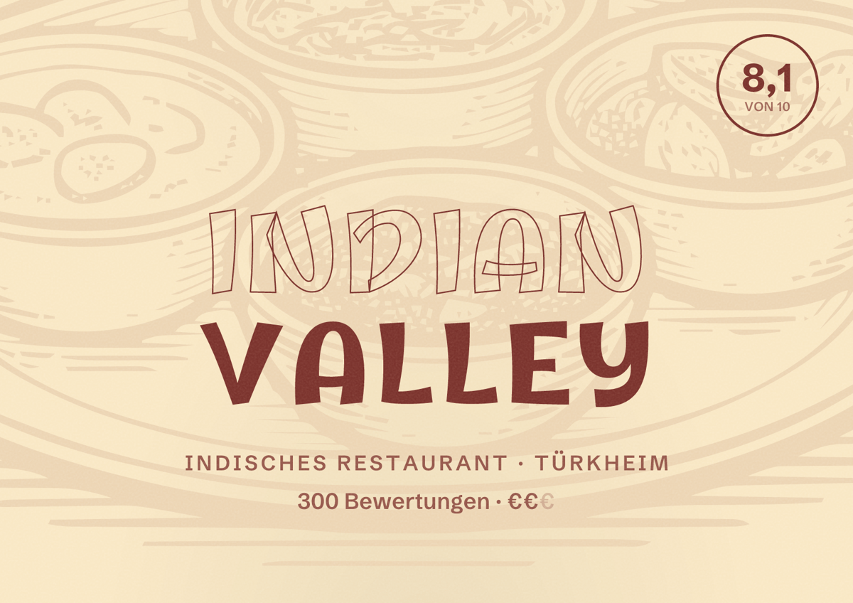 Illustriertes Poster von Indian Valley, Indisches Restaurant in Türkheim: Bewertung 8,1 von 10 aus 300 Bewertungen, Preisniveau €€