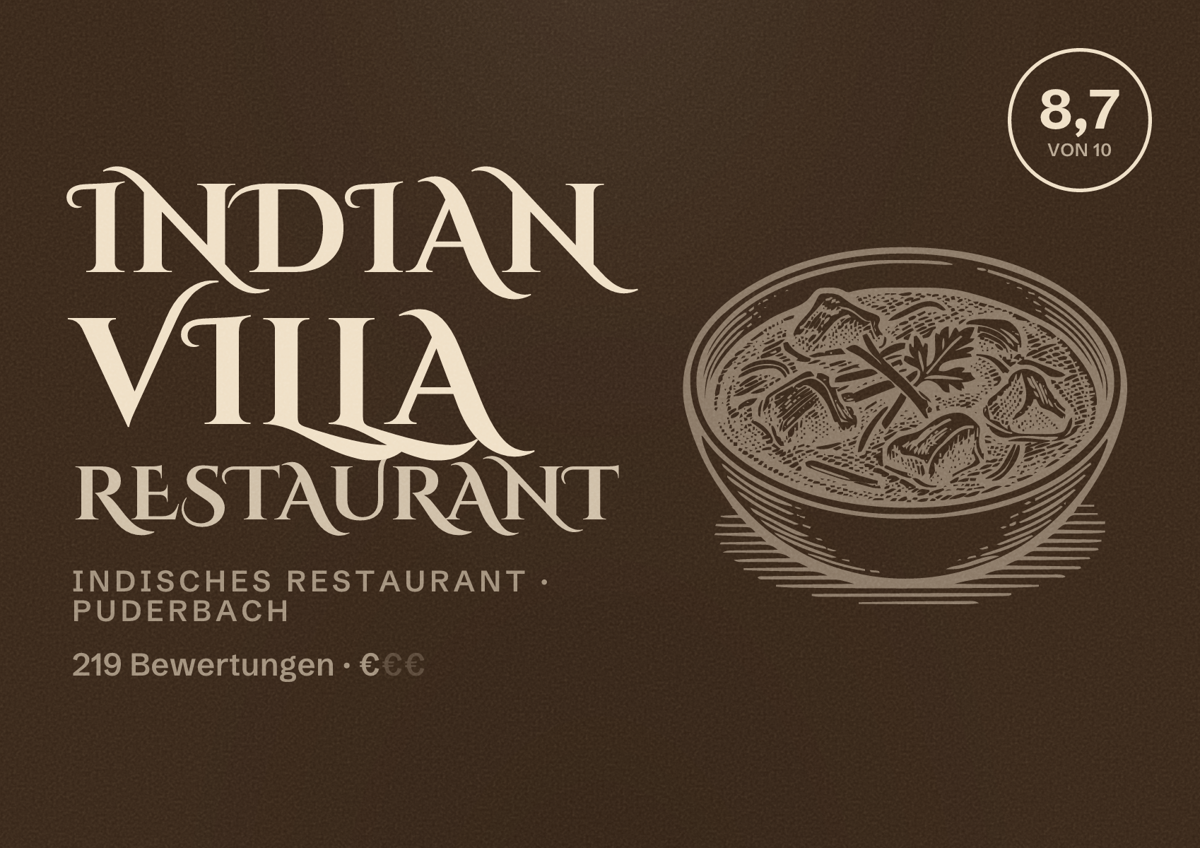 Illustriertes Poster von Indian Villa Restaurant, Indisches Restaurant in Puderbach: Bewertung 8,7 von 10 aus 219 Bewertungen, Preisniveau €