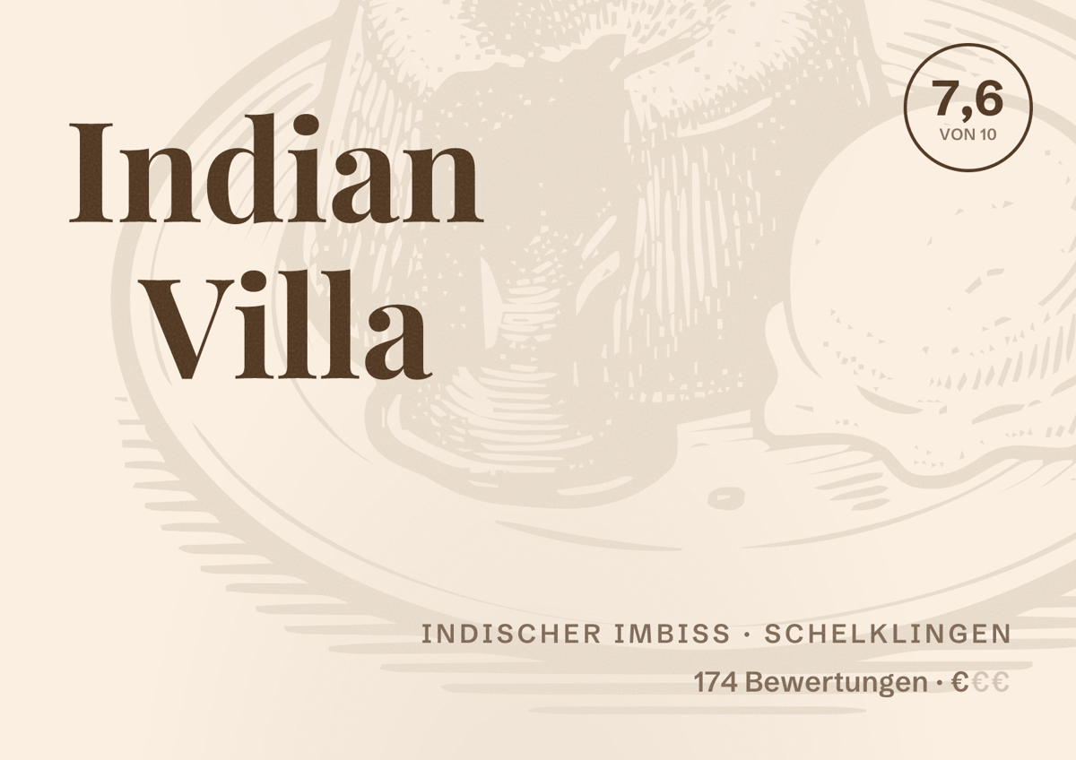 Illustriertes Poster von Indian Villa, Indischer Imbiss in Schelklingen: Bewertung 7,6 von 10 aus 174 Bewertungen, Preisniveau €