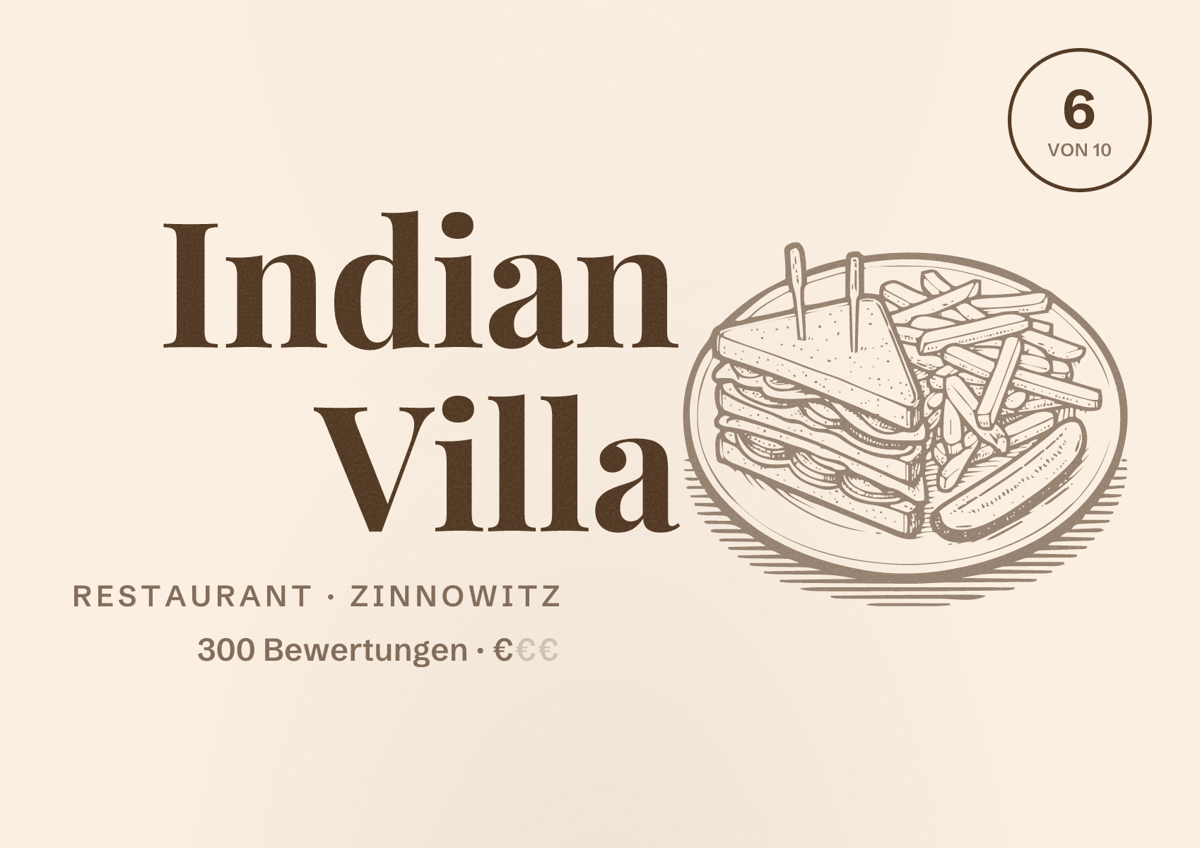 Illustriertes Poster von Indian Villa, Restaurant in Zinnowitz: Bewertung 6 von 10 aus 300 Bewertungen, Preisniveau €