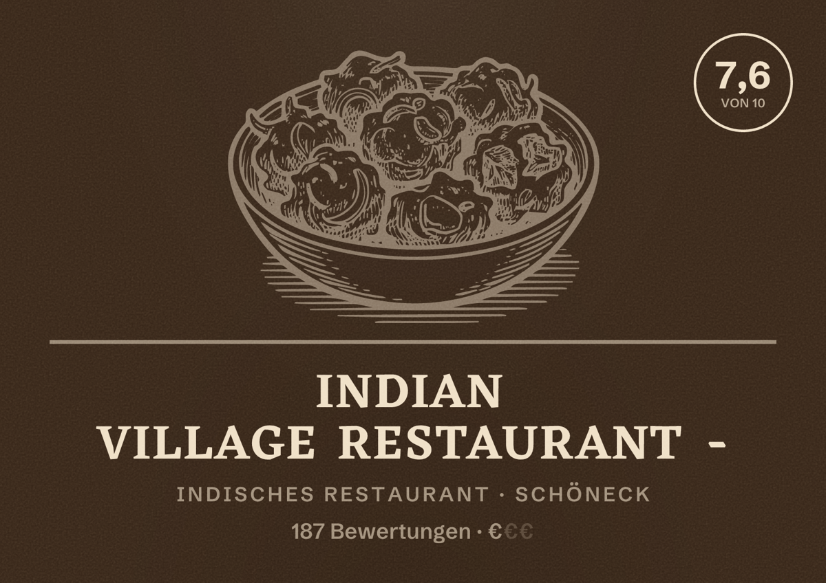 Illustriertes Poster von Indian Village Restaurant -, Indisches Restaurant in Schöneck: Bewertung 7,6 von 10 aus 187 Bewertungen, Preisniveau €