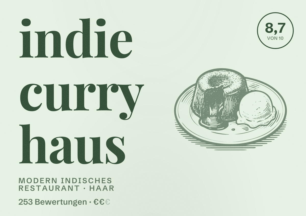 Illustriertes Poster von indie curry haus, Modern indisches Restaurant in Haar: Bewertung 8,7 von 10 aus 253 Bewertungen, Preisniveau €€