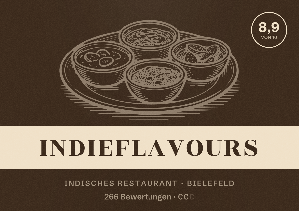Illustriertes Poster von Indieflavours, Indisches Restaurant in Bielefeld: Bewertung 8,9 von 10 aus 266 Bewertungen, Preisniveau €€