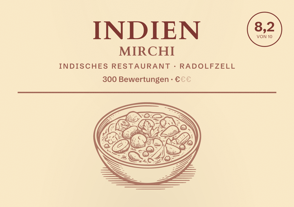 Illustriertes Poster von Indien Mirchi, Indisches Restaurant in Radolfzell: Bewertung 8,2 von 10 aus 300 Bewertungen, Preisniveau €