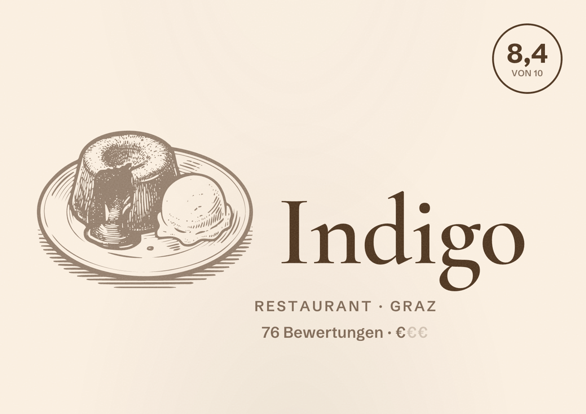 Illustriertes Poster von Indigo, Restaurant in Graz: Bewertung 8,4 von 10 aus 76 Bewertungen, Preisniveau €
