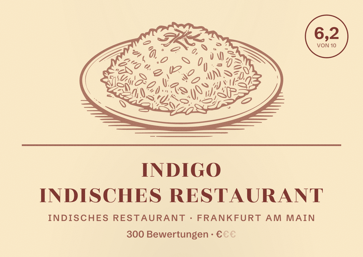 Illustriertes Poster von Indigo Indisches Restaurant, Indisches Restaurant in Frankfurt am Main: Bewertung 6,2 von 10 aus 300 Bewertungen, Preisniveau €