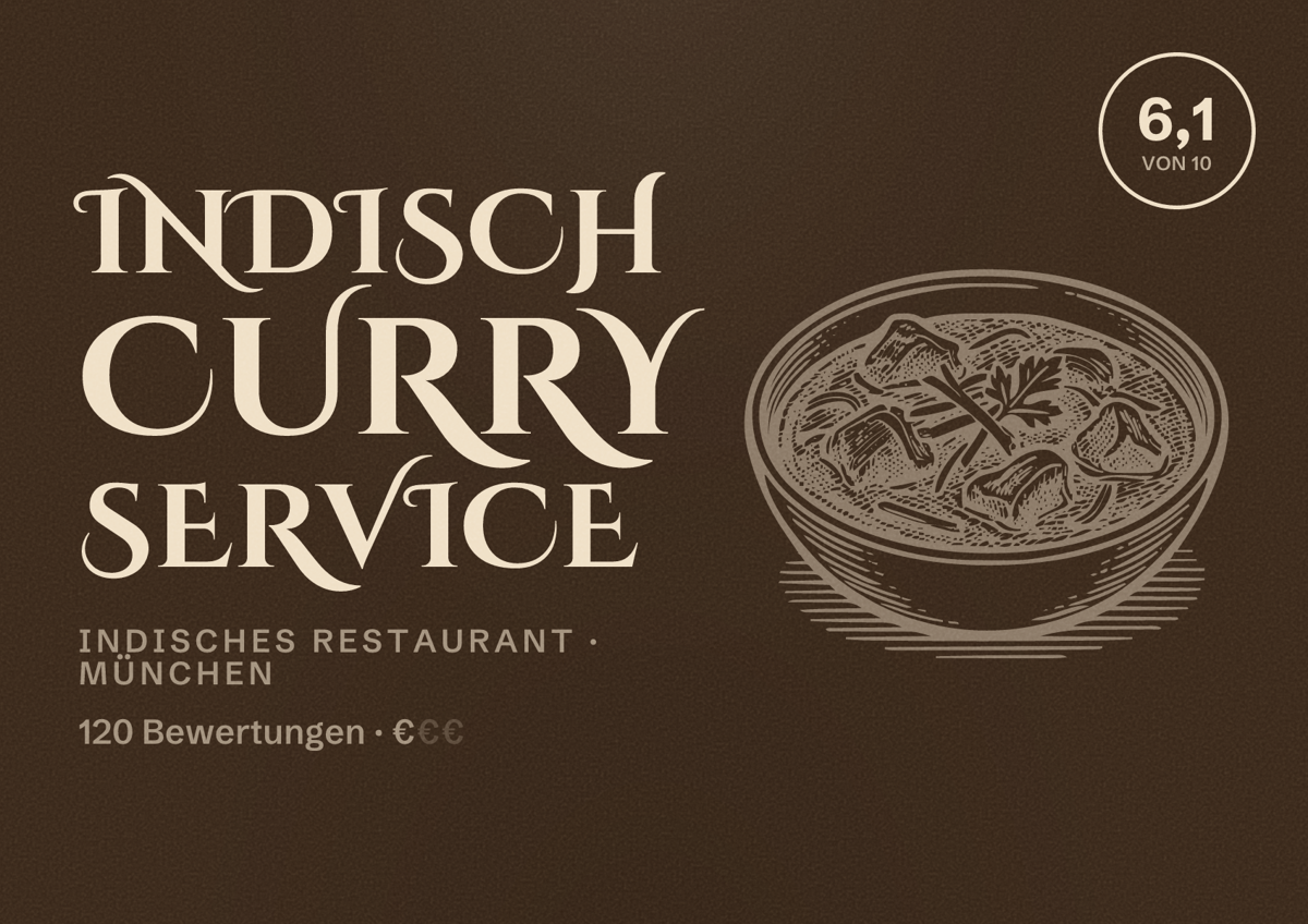 Illustriertes Poster von Indisch Curry Service, Indisches Restaurant in München: Bewertung 6,1 von 10 aus 120 Bewertungen, Preisniveau €