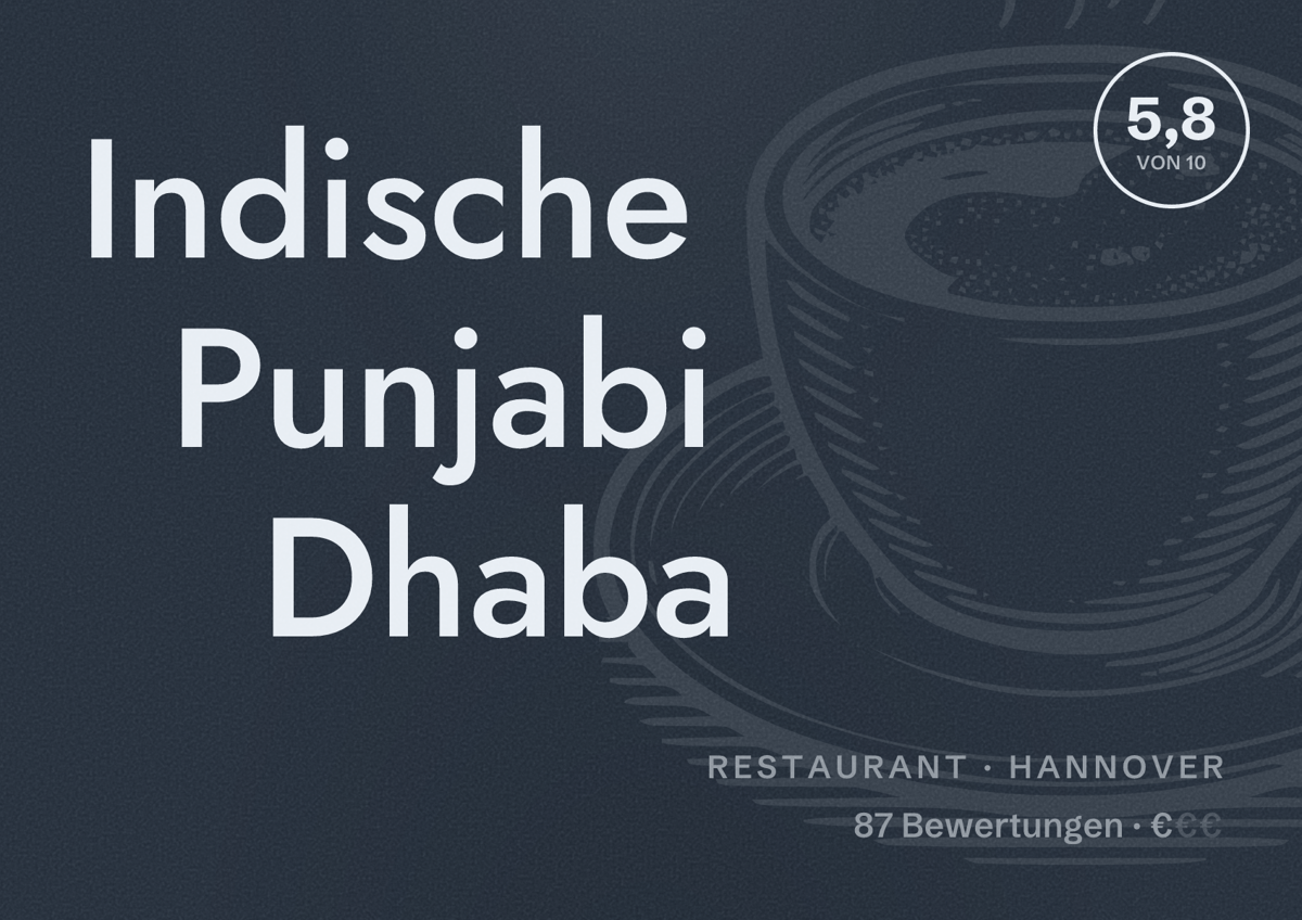 Illustriertes Poster von Indische Punjabi Dhaba, Restaurant in Hannover: Bewertung 5,8 von 10 aus 87 Bewertungen, Preisniveau €