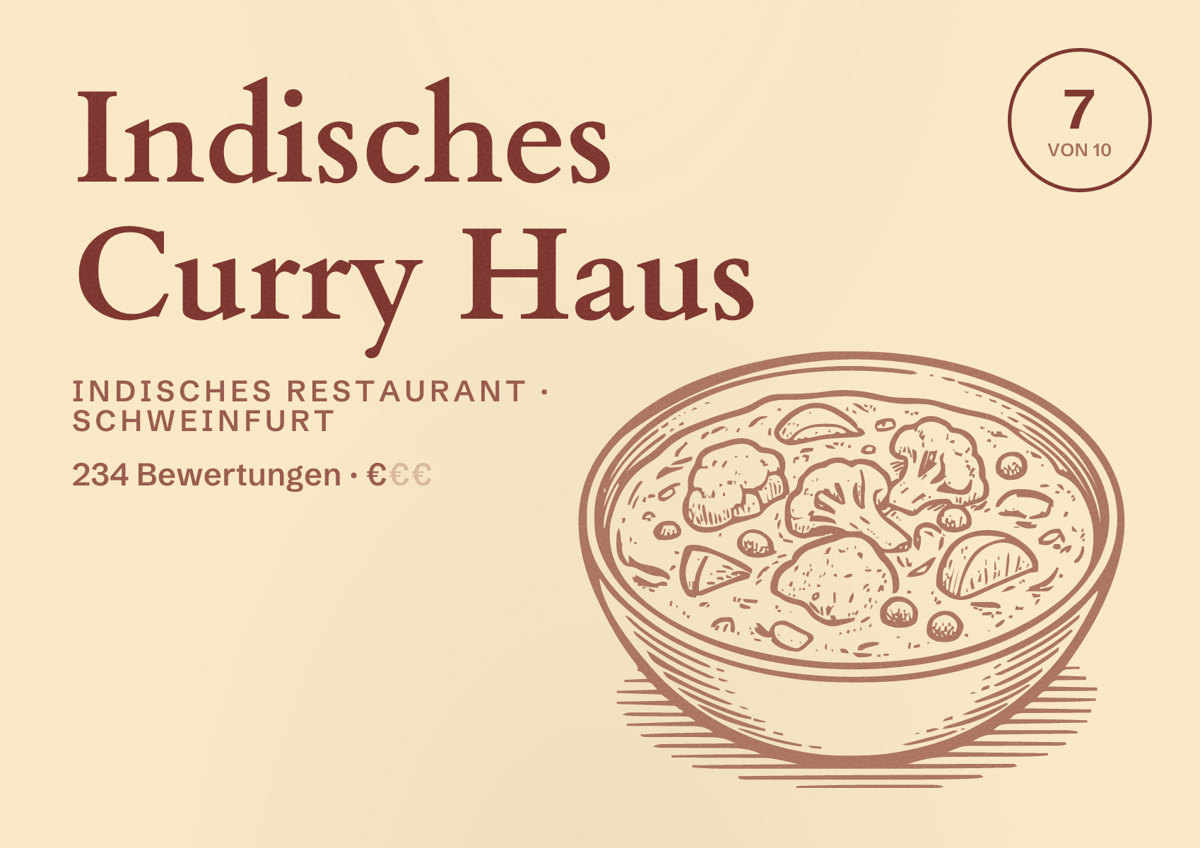 Illustriertes Poster von Indisches Curry Haus, Indisches Restaurant in Schweinfurt: Bewertung 7 von 10 aus 234 Bewertungen, Preisniveau €
