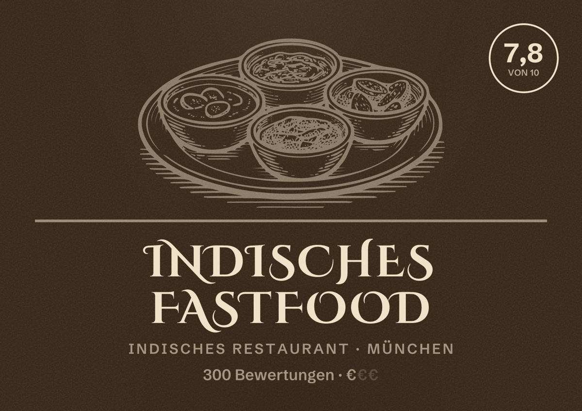 Illustriertes Poster von Indisches Fastfood, Indisches Restaurant in München: Bewertung 7,8 von 10 aus 300 Bewertungen, Preisniveau €