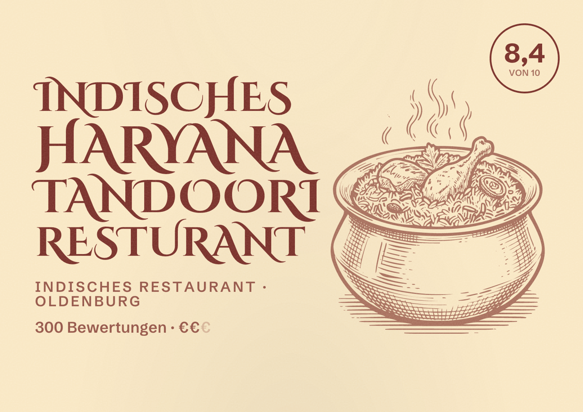 Illustriertes Poster von Indisches Haryana Tandoori Resturant, Indisches Restaurant in Oldenburg: Bewertung 8,4 von 10 aus 300 Bewertungen, Preisniveau €€