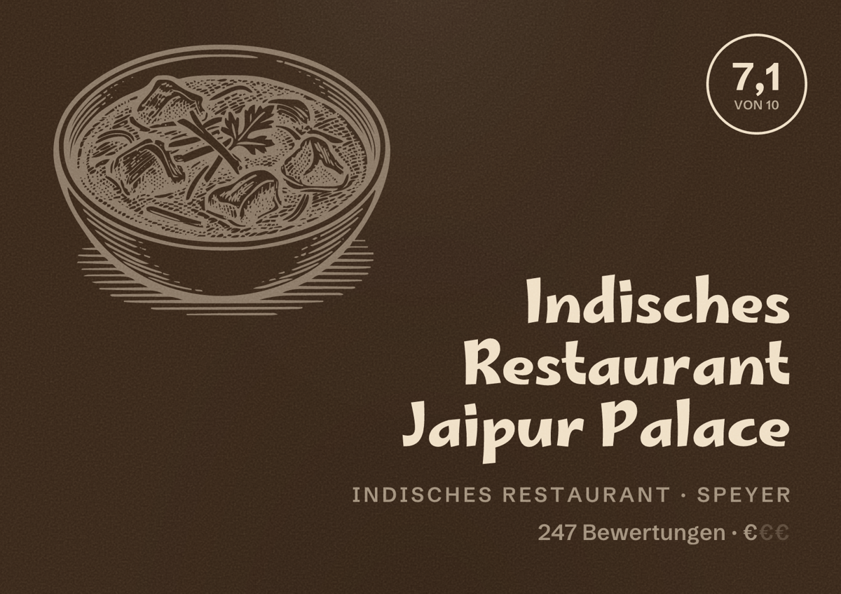 Illustriertes Poster von Indisches Restaurant Jaipur Palace, Indisches Restaurant in Speyer: Bewertung 7,1 von 10 aus 247 Bewertungen, Preisniveau €