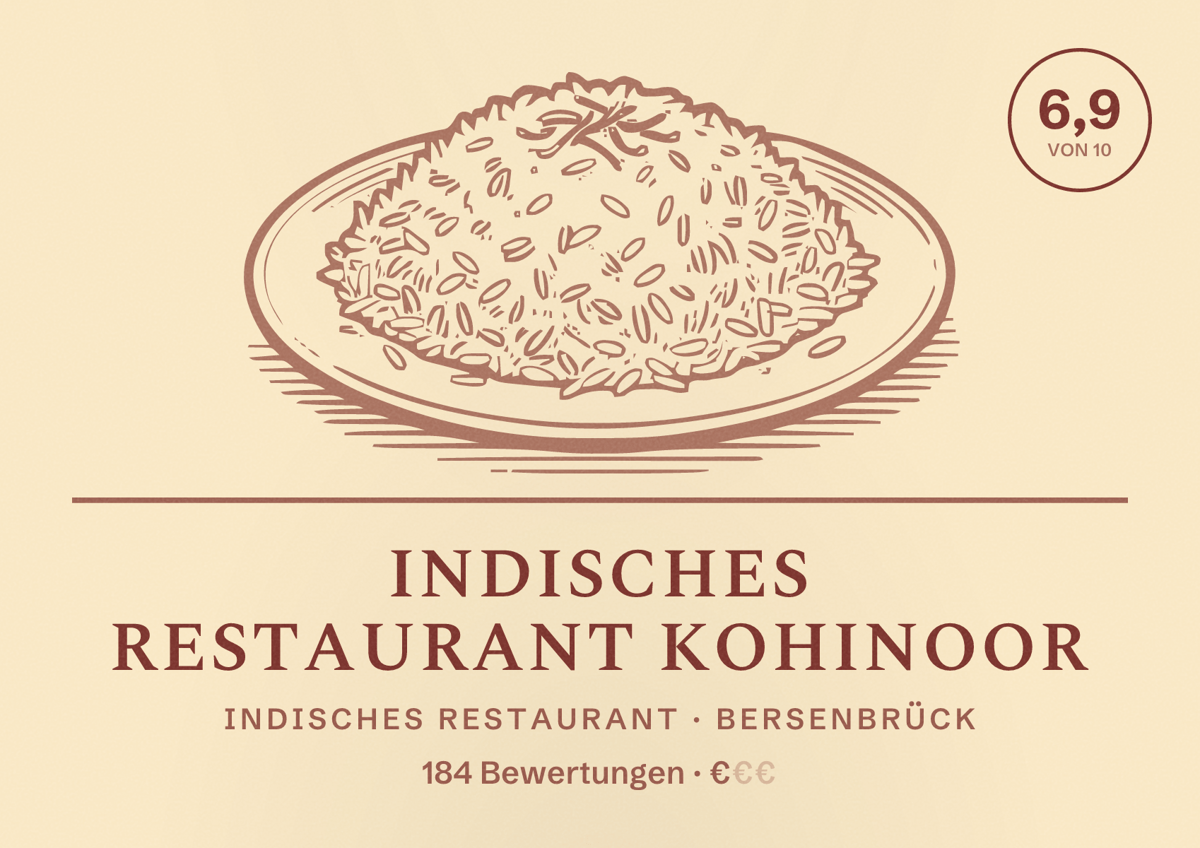 Illustriertes Poster von Indisches Restaurant Kohinoor, Indisches Restaurant in Bersenbrück: Bewertung 6,9 von 10 aus 184 Bewertungen, Preisniveau €