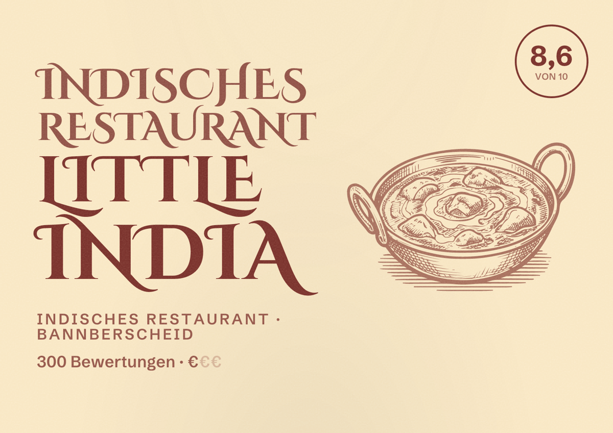 Illustriertes Poster von Indisches Restaurant Little India, Indisches Restaurant in Bannberscheid: Bewertung 8,6 von 10 aus 300 Bewertungen, Preisniveau €