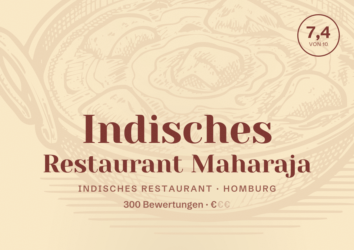 Illustriertes Poster von Indisches Restaurant Maharaja, Indisches Restaurant in Homburg: Bewertung 7,4 von 10 aus 300 Bewertungen, Preisniveau €