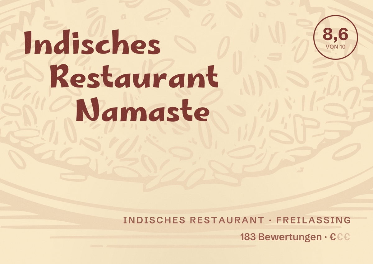 Illustriertes Poster von Indisches Restaurant Namaste, Indisches Restaurant in Freilassing: Bewertung 8,6 von 10 aus 183 Bewertungen, Preisniveau €