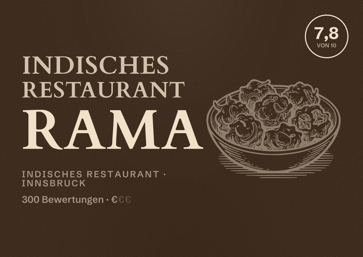 Illustriertes Poster von Indisches Restaurant RAMA, Indisches Restaurant in Innsbruck: Bewertung 7,8 von 10 aus 300 Bewertungen, Preisniveau €