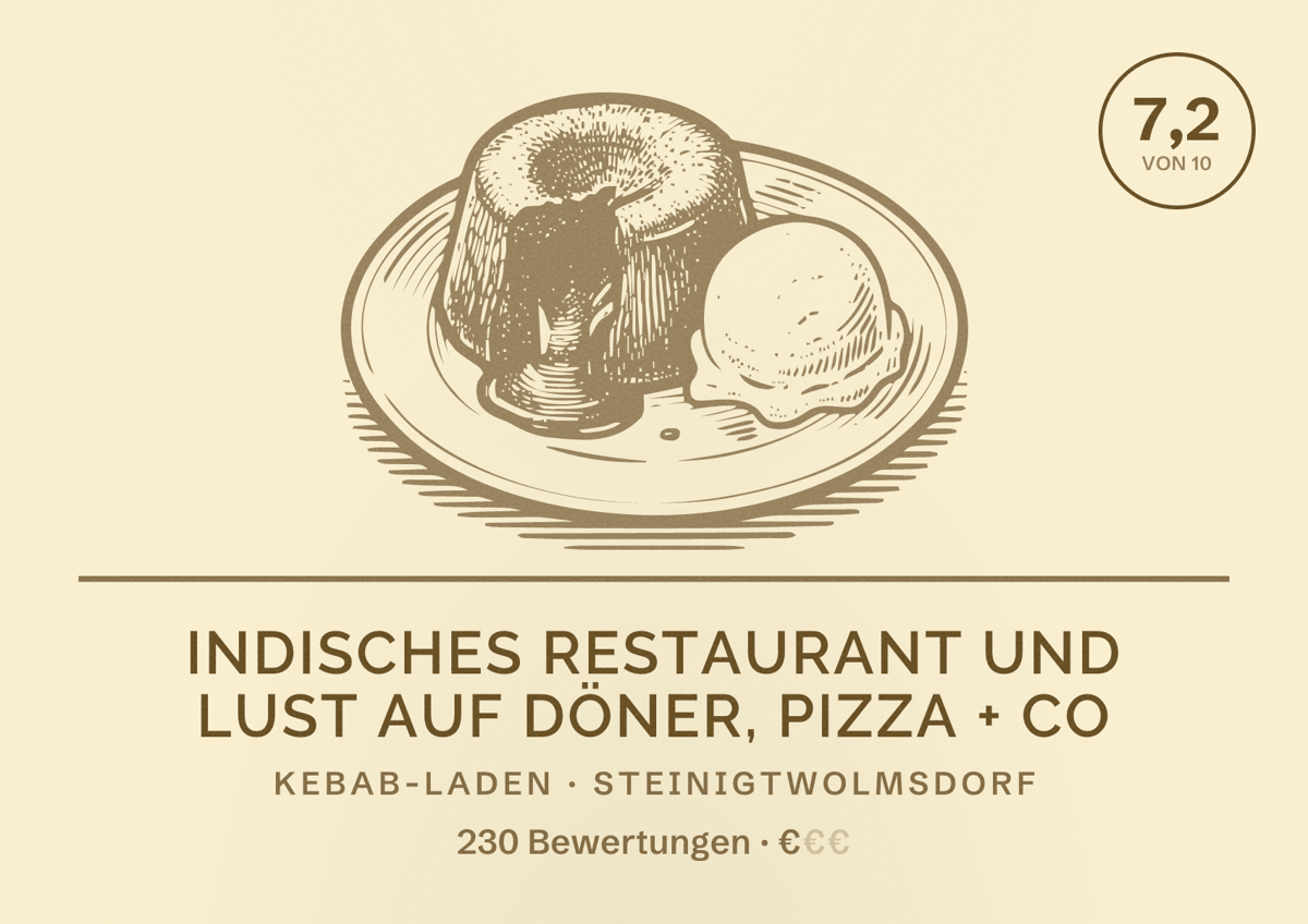Illustriertes Poster von Indisches Restaurant und Lust auf Döner, Pizza + Co, Kebab-Laden in Steinigtwolmsdorf: Bewertung 7,2 von 10 aus 230 Bewertungen, Preisniveau €