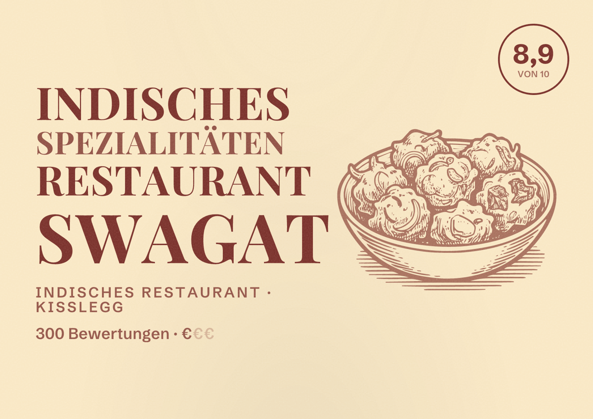 Illustriertes Poster von Indisches Spezialitäten Restaurant Swagat, Indisches Restaurant in Kißlegg: Bewertung 8,9 von 10 aus 300 Bewertungen, Preisniveau €