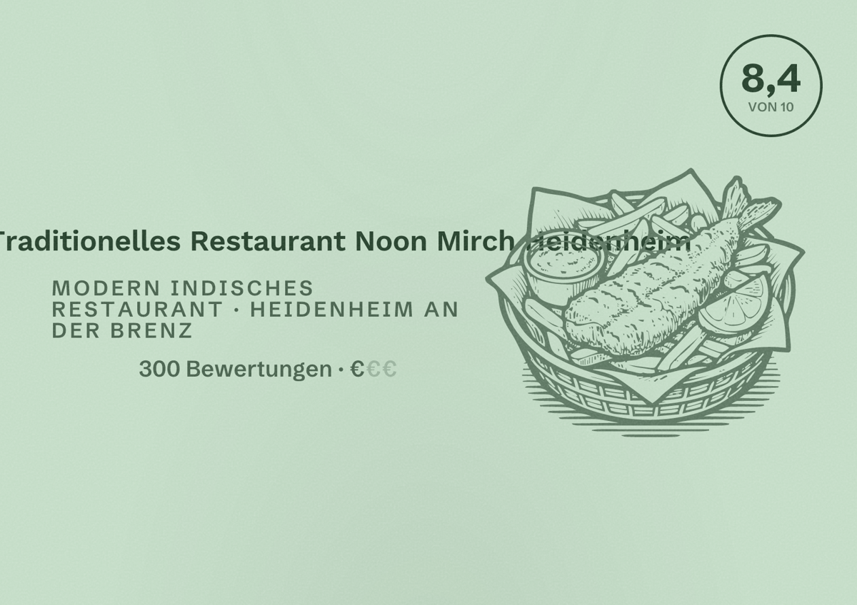 Illustriertes Poster von Indisches Traditionelles Restaurant Noon Mirch Heidenheim, Modern indisches Restaurant in Heidenheim an der Brenz: Bewertung 8,4 von 10 aus 300 Bewertungen, Preisniveau €
