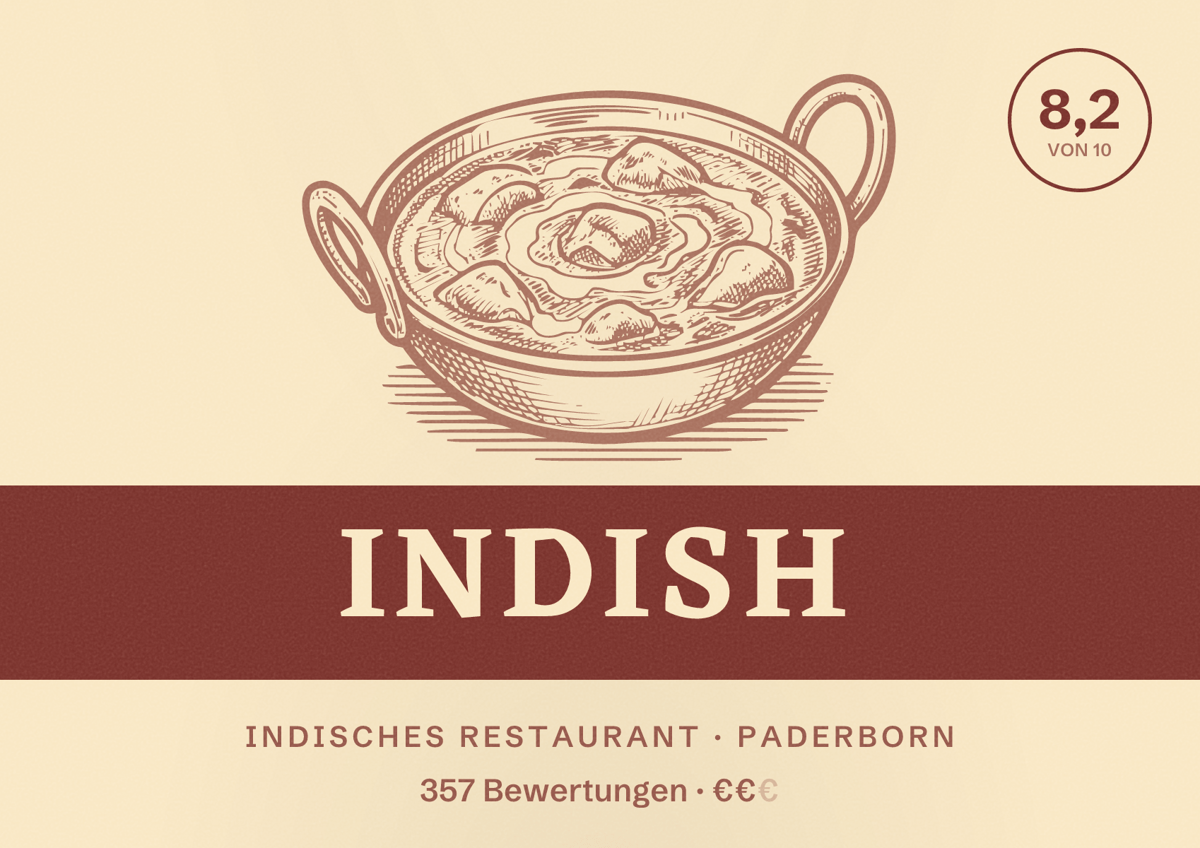 Illustriertes Poster von Indish, Indisches Restaurant in Paderborn: Bewertung 8,2 von 10 aus 357 Bewertungen, Preisniveau €€