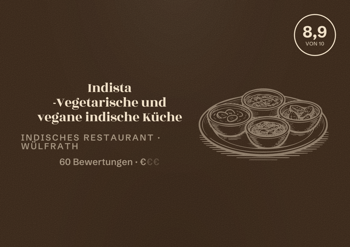 Illustriertes Poster von Indista -Vegetarische und vegane indische Küche, Indisches Restaurant in Wülfrath: Bewertung 8,9 von 10 aus 60 Bewertungen, Preisniveau €