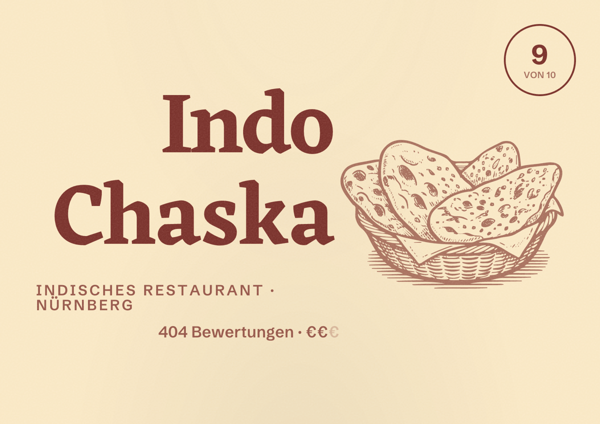 Illustriertes Poster von Indo Chaska, Indisches Restaurant in Nürnberg: Bewertung 9,0 von 10 aus 404 Bewertungen, Preisniveau €€