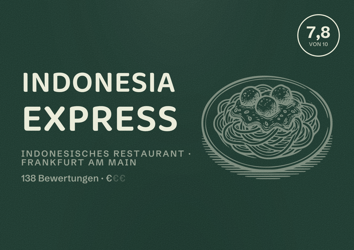 Illustriertes Poster von Indonesia Express, Indonesisches Restaurant in Frankfurt am Main: Bewertung 7,8 von 10 aus 138 Bewertungen, Preisniveau €