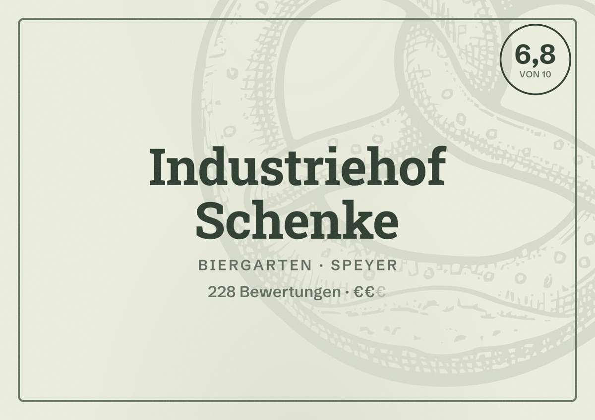 Illustriertes Poster von Industriehof Schenke, Biergarten in Speyer: Bewertung 6,8 von 10 aus 228 Bewertungen, Preisniveau €€