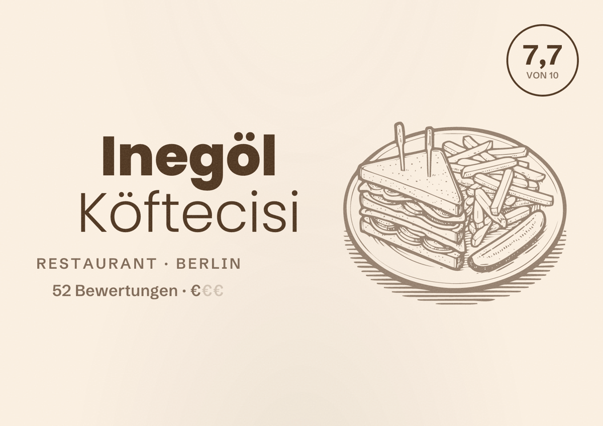 Illustriertes Poster von Inegöl Köftecisi, Restaurant in Berlin: Bewertung 7,7 von 10 aus 52 Bewertungen, Preisniveau €