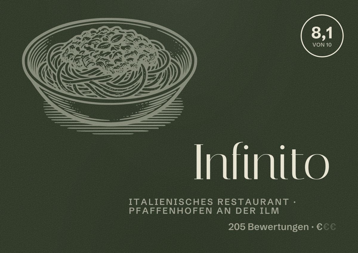 Illustriertes Poster von Infinito, Italienisches Restaurant in Pfaffenhofen an der Ilm: Bewertung 8,1 von 10 aus 205 Bewertungen, Preisniveau €