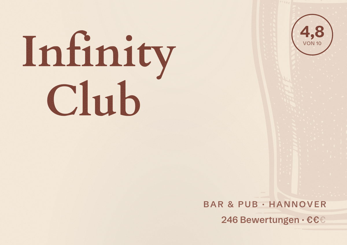 Illustriertes Poster von Infinity Club, Bar & Pub in Hannover: Bewertung 4,8 von 10 aus 246 Bewertungen, Preisniveau €€