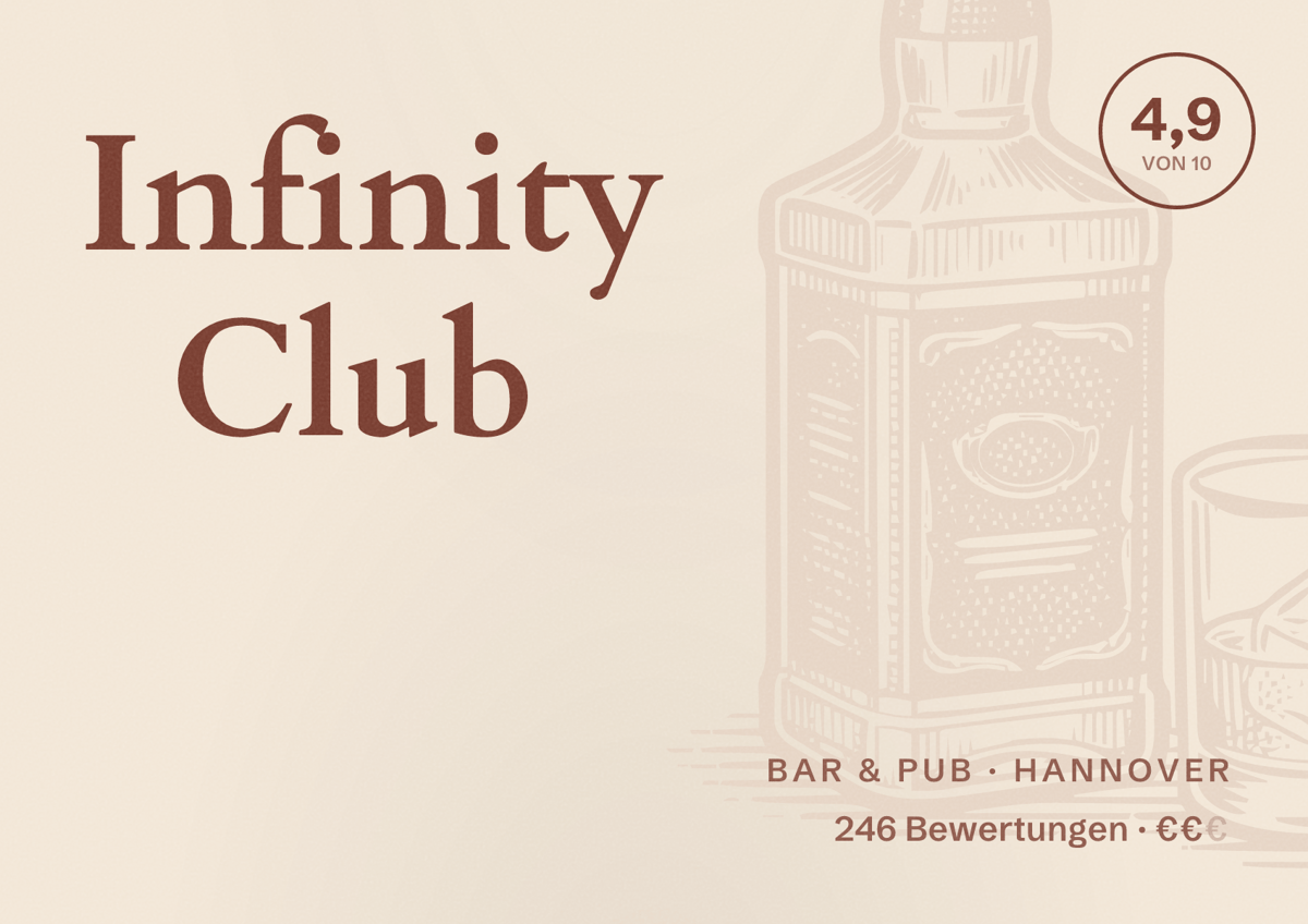 Illustriertes Poster von Infinity Club, Bar & Pub in Hannover: Bewertung 4,9 von 10 aus 246 Bewertungen, Preisniveau €€