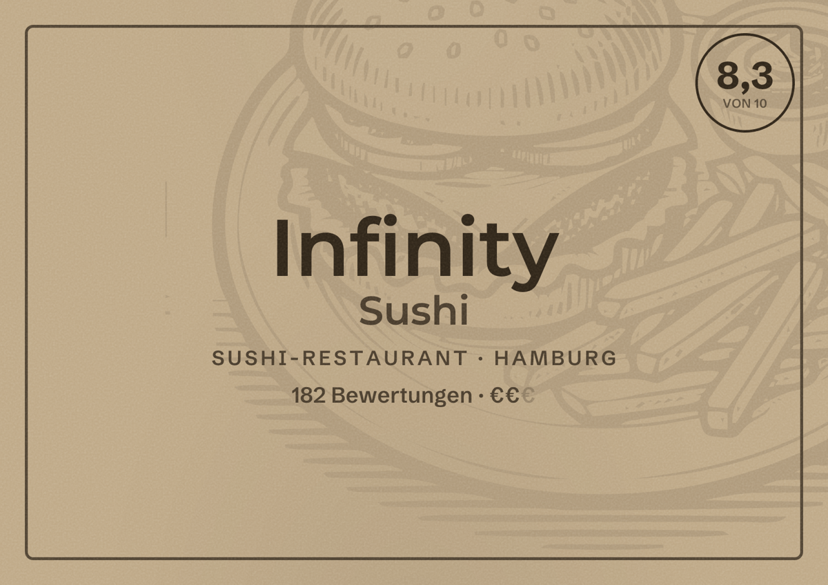 Illustriertes Poster von Infinity Sushi, Sushi-Restaurant in Hamburg: Bewertung 8,3 von 10 aus 182 Bewertungen, Preisniveau €€