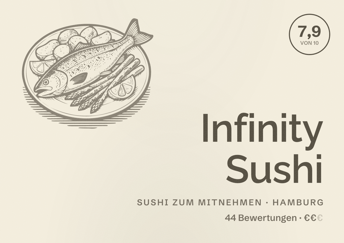 Illustriertes Poster von Infinity Sushi, Sushi zum Mitnehmen in Hamburg: Bewertung 7,9 von 10 aus 44 Bewertungen, Preisniveau €€