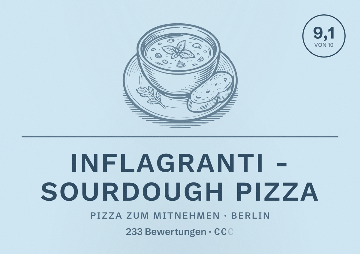 Illustriertes Poster von inflagranti - sourdough pizza, Pizza zum Mitnehmen in Berlin: Bewertung 9,1 von 10 aus 233 Bewertungen, Preisniveau €€