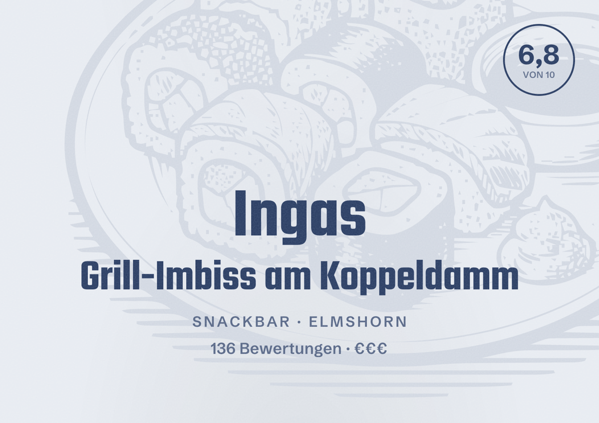 Illustriertes Poster von Ingas Grill-Imbiss am Koppeldamm, Snackbar in Elmshorn: Bewertung 6,8 von 10 aus 136 Bewertungen, Preisniveau €€€