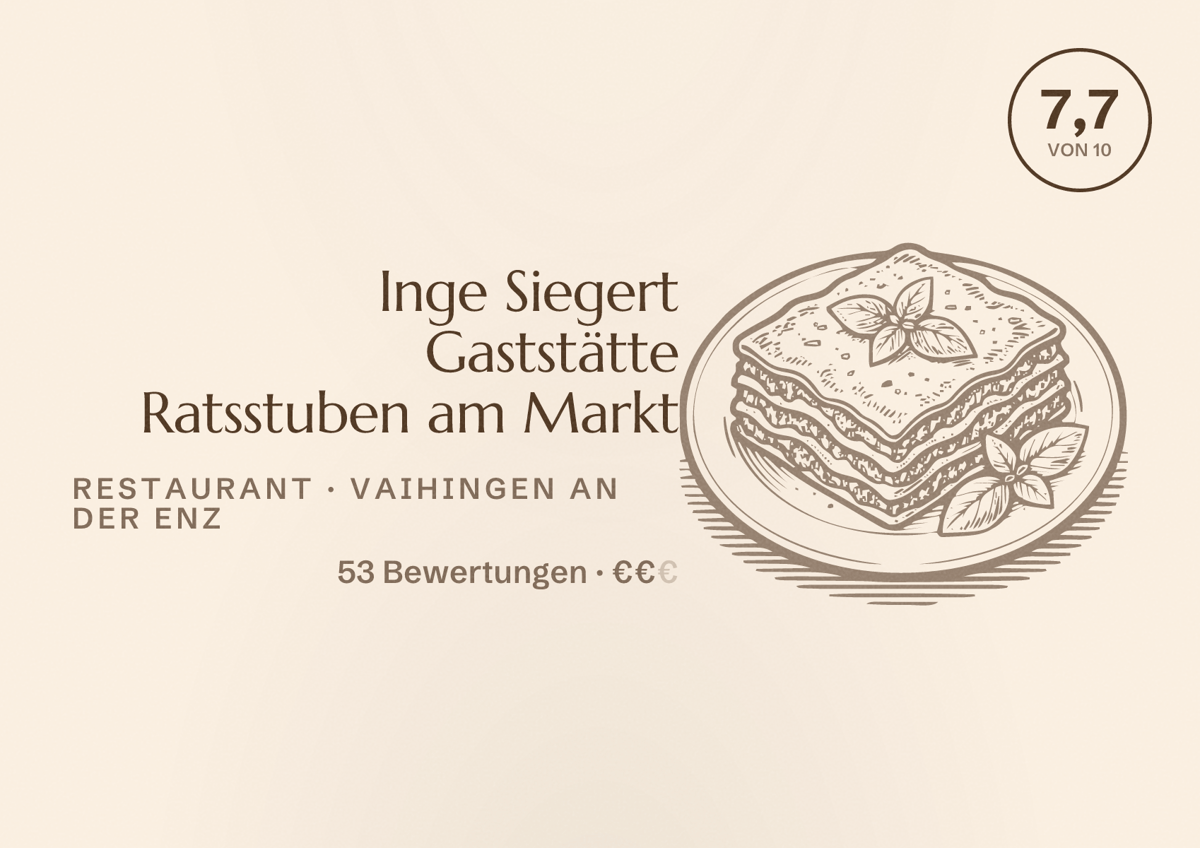 Illustriertes Poster von Inge Siegert Gaststätte Ratsstuben am Markt, Restaurant in Vaihingen an der Enz: Bewertung 7,7 von 10 aus 53 Bewertungen, Preisniveau €€