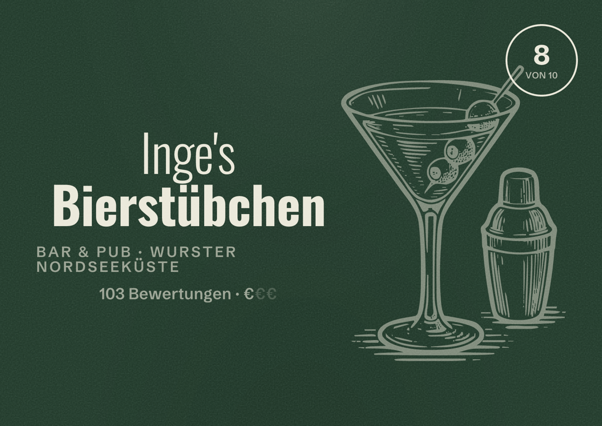 Illustriertes Poster von Inge's Bierstübchen, Bar & Pub in Wurster Nordseeküste: Bewertung 8 von 10 aus 103 Bewertungen, Preisniveau €
