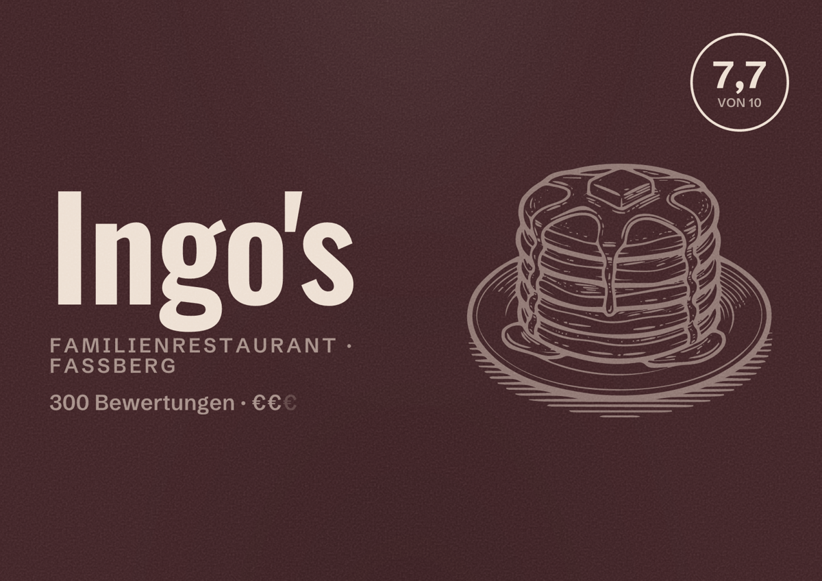 Illustriertes Poster von Ingo's, Familienrestaurant in Faßberg: Bewertung 7,7 von 10 aus 300 Bewertungen, Preisniveau €€