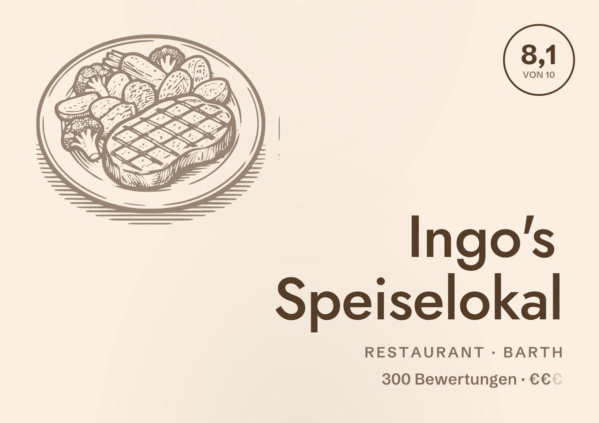 Illustriertes Poster von Ingo's Speiselokal, Restaurant in Barth: Bewertung 8,1 von 10 aus 300 Bewertungen, Preisniveau €€