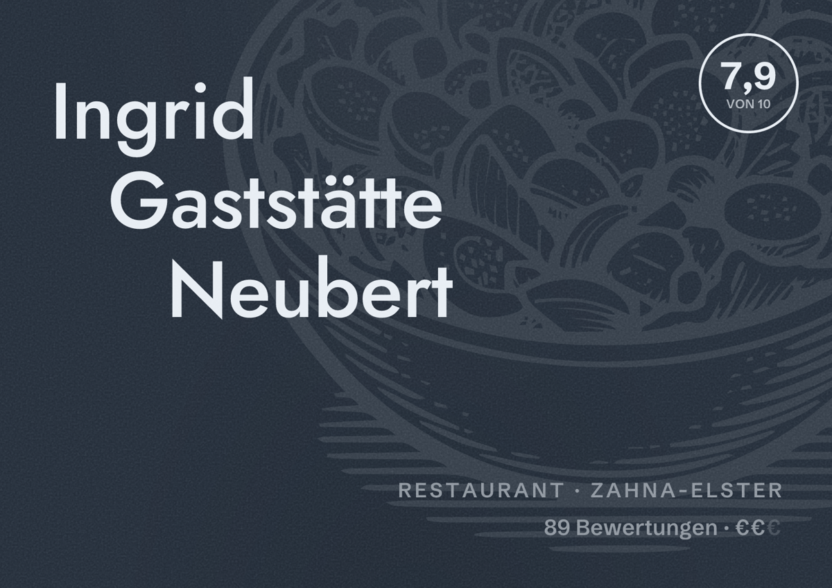 Illustriertes Poster von Ingrid Gaststätte Neubert, Restaurant in Zahna-Elster: Bewertung 7,9 von 10 aus 89 Bewertungen, Preisniveau €€