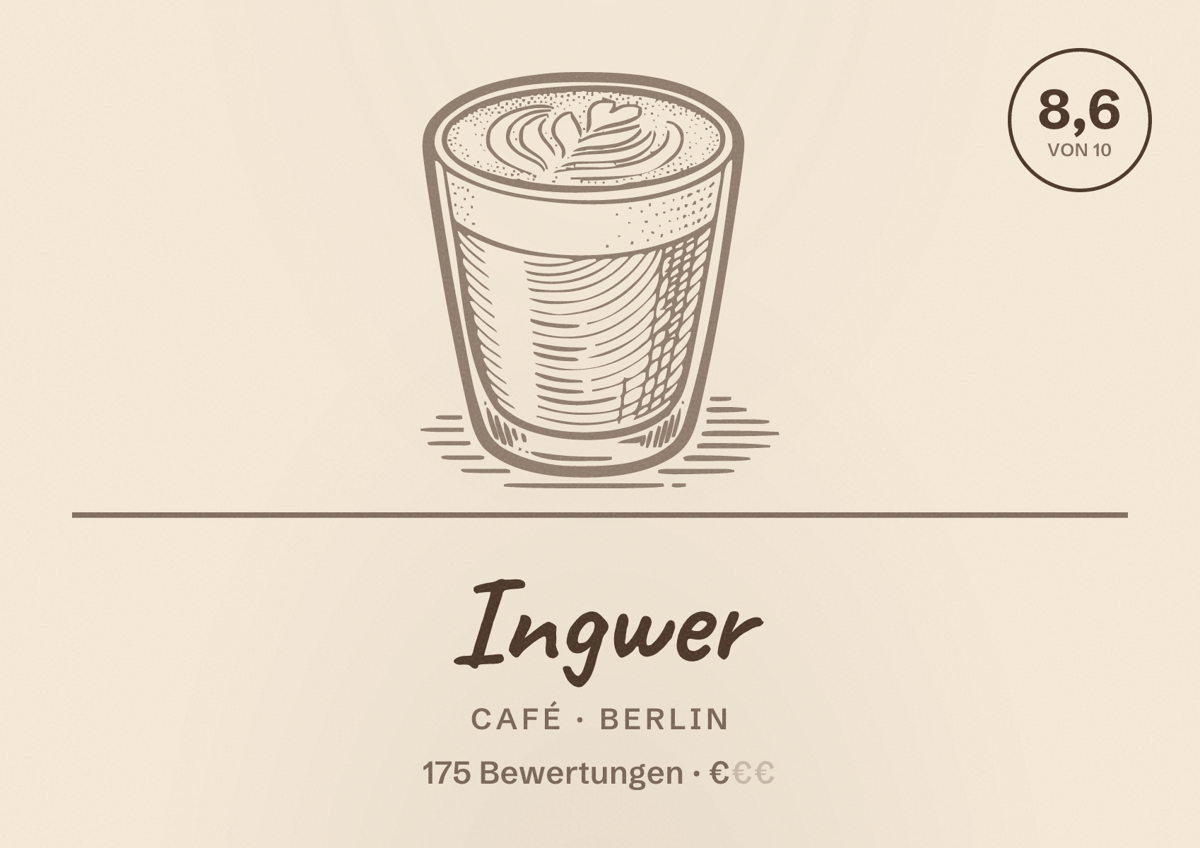 Illustriertes Poster von Ingwer, Café in Berlin: Bewertung 8,6 von 10 aus 175 Bewertungen, Preisniveau €